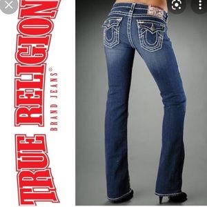 True Religion White Stitch Low Rise Bell Bottom Jeans